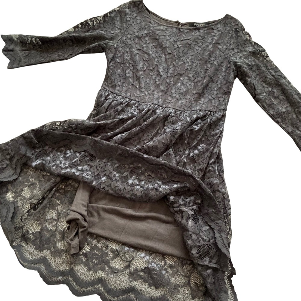 Forever 21 Black Silver Lace Overlay Flare Dress L Whimsygoth Witchy Monochrome
